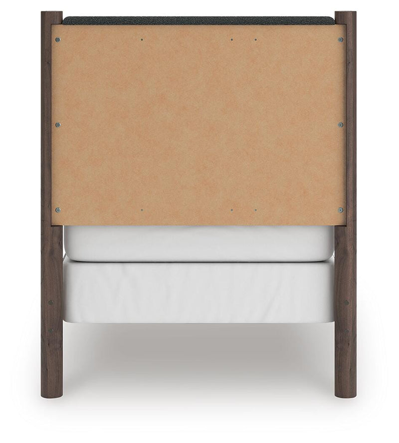 Pamytta Twin Upholstered Panel Bed, Dresser, Mirror and Chest in Brown - PKG022719