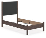 Pamytta Twin Upholstered Panel Bed, Dresser, Mirror, Chest and Nightstand in Brown - PKG022720