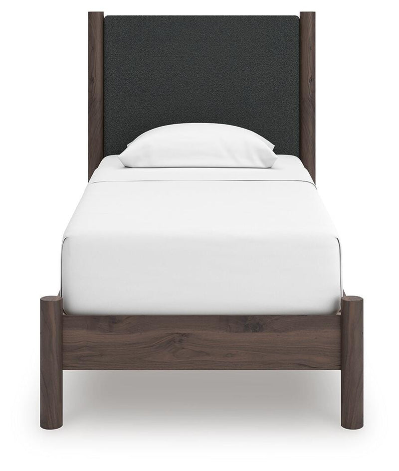 Pamytta Twin Upholstered Panel Platform Bed and Dresser in Brown - PKG022685