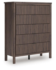 Pamytta Twin Upholstered Panel Platform Bed, Dresser and Chest in Brown - PKG022759