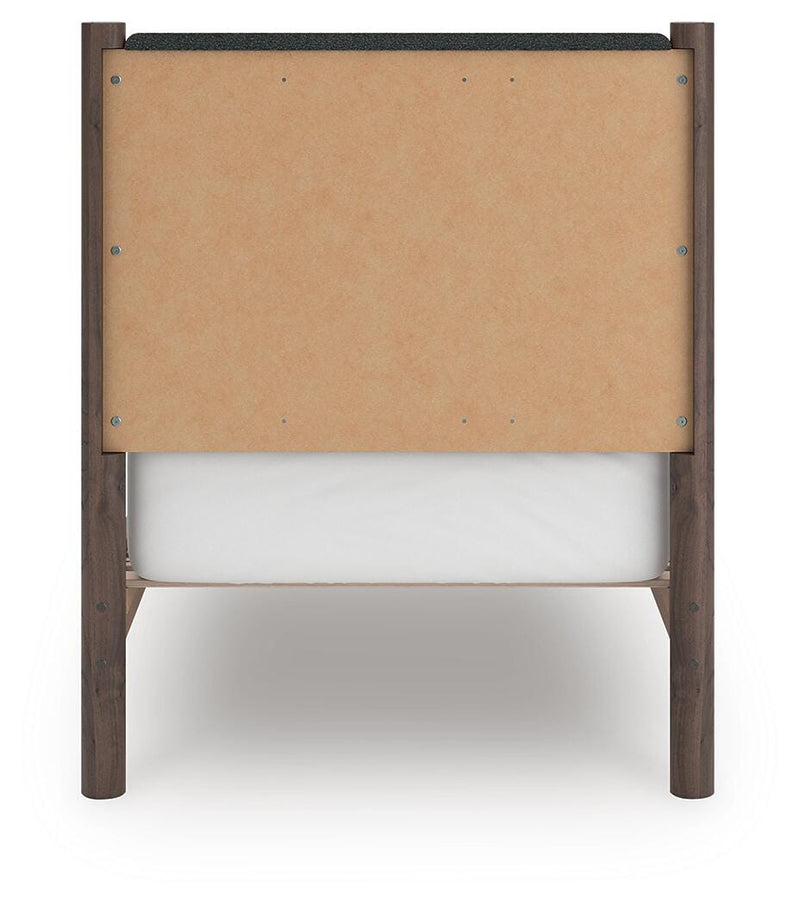 Pamytta Twin Upholstered Panel Platform Bed, Dresser and Nightstand in Brown - PKG022686