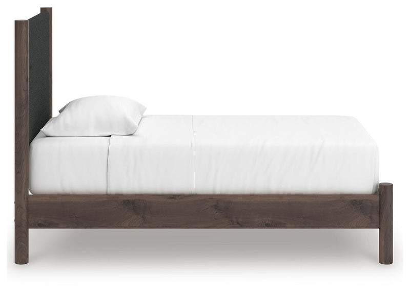 Pamytta Twin Upholstered Panel Platform Bed, Dresser, Mirror and Chest in Brown - PKG022683