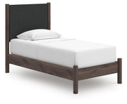 Pamytta Twin Upholstered Panel Platform Bed, Dresser, Mirror and Nightstand in Brown - PKG022682