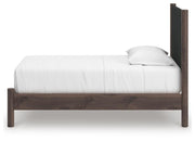 Pamytta Twin Upholstered Panel Platform Bed, Dresser, Mirror and Nightstand in Brown - PKG022682