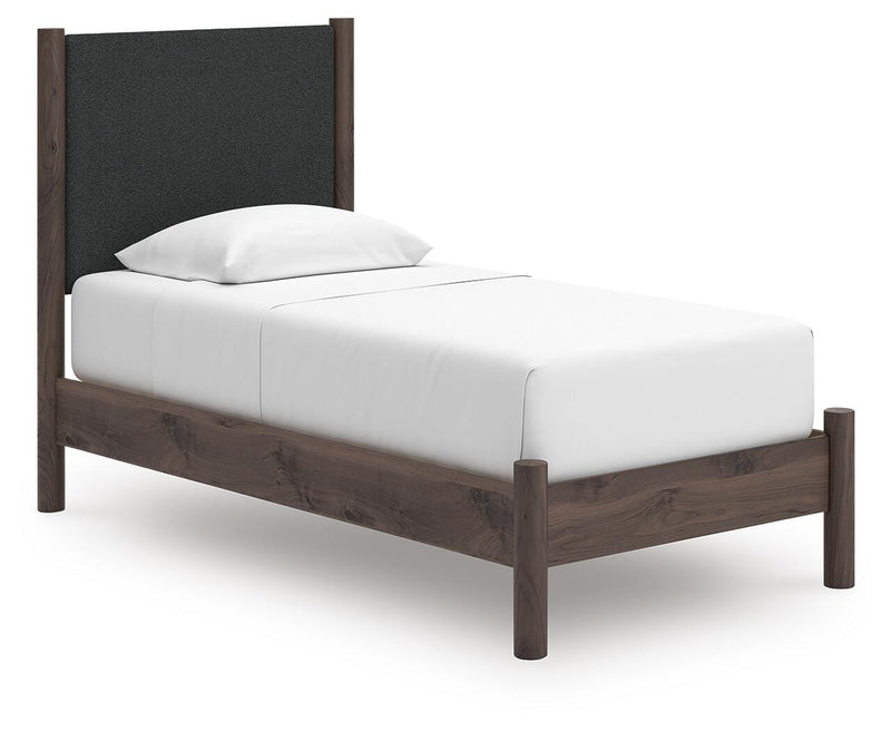 Pamytta Twin Upholstered Panel Platform Bed, Dresser, Mirror, Chest and Nightstand in Brown - PKG022684