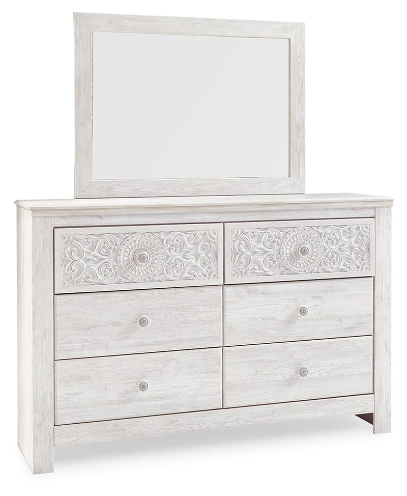 Paxberry Queen Panel Bed with Mirrored Dresser and 2 Nightstands in Whitewash from Ashley - DMV Furniture