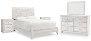 Paxberry Queen Panel Bed with Mirrored Dresser and 2 Nightstands in Whitewash from Ashley - DMV Furniture