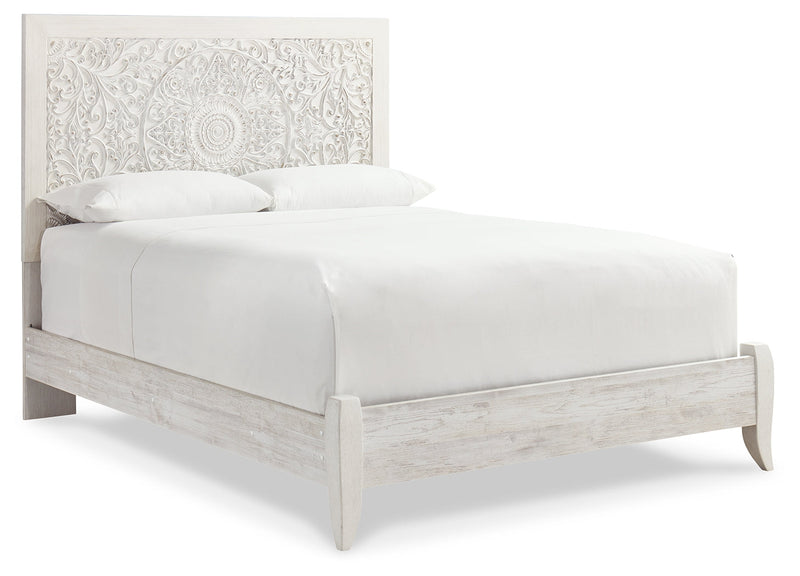 Paxberry Queen Panel Bed with Mirrored Dresser and 2 Nightstands in Whitewash from Ashley - DMV Furniture