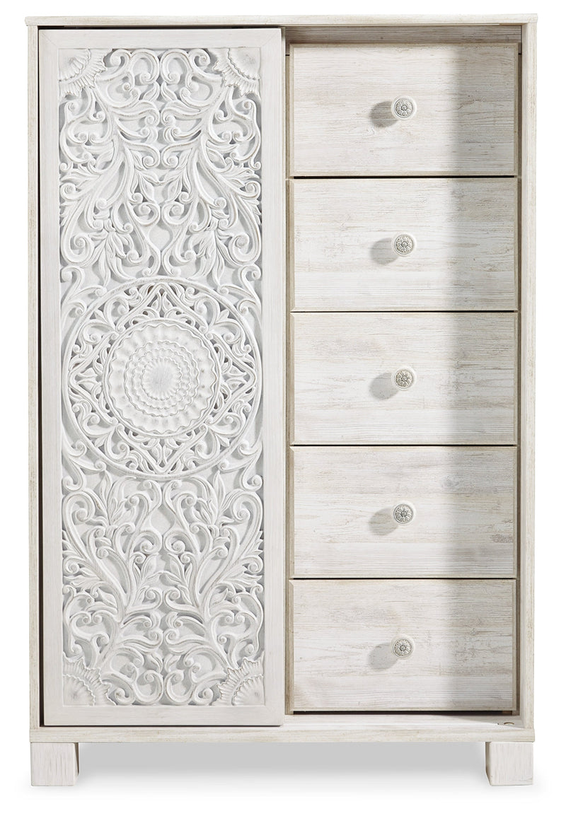 Paxberry Queen Panel Bed with Mirrored Dresser and Chest in Whitewash from Ashley - DMV Furniture