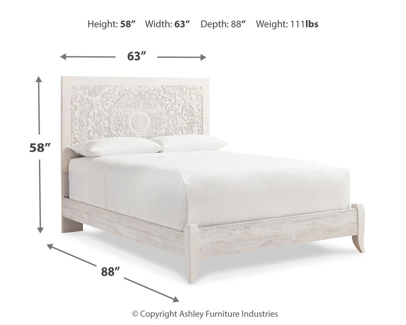 Paxberry Queen Panel Bed with Mirrored Dresser and Chest in Whitewash from Ashley - DMV Furniture