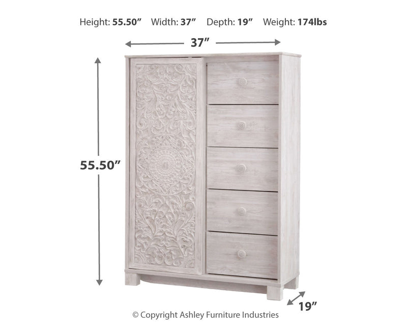 Paxberry Queen Panel Bed with Mirrored Dresser and Chest in Whitewash from Ashley - DMV Furniture