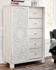 Paxberry Queen Panel Bed with Mirrored Dresser and Chest in Whitewash from Ashley - DMV Furniture