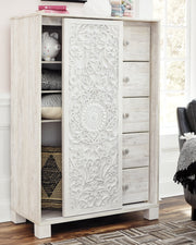 Paxberry Queen Panel Bed with Mirrored Dresser and Chest in Whitewash from Ashley - DMV Furniture