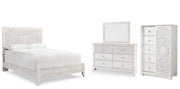 Paxberry Queen Panel Bed with Mirrored Dresser and Chest in Whitewash from Ashley - DMV Furniture