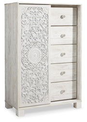 Paxberry Queen Panel Bed with Mirrored Dresser and Chest in Whitewash from Ashley - DMV Furniture