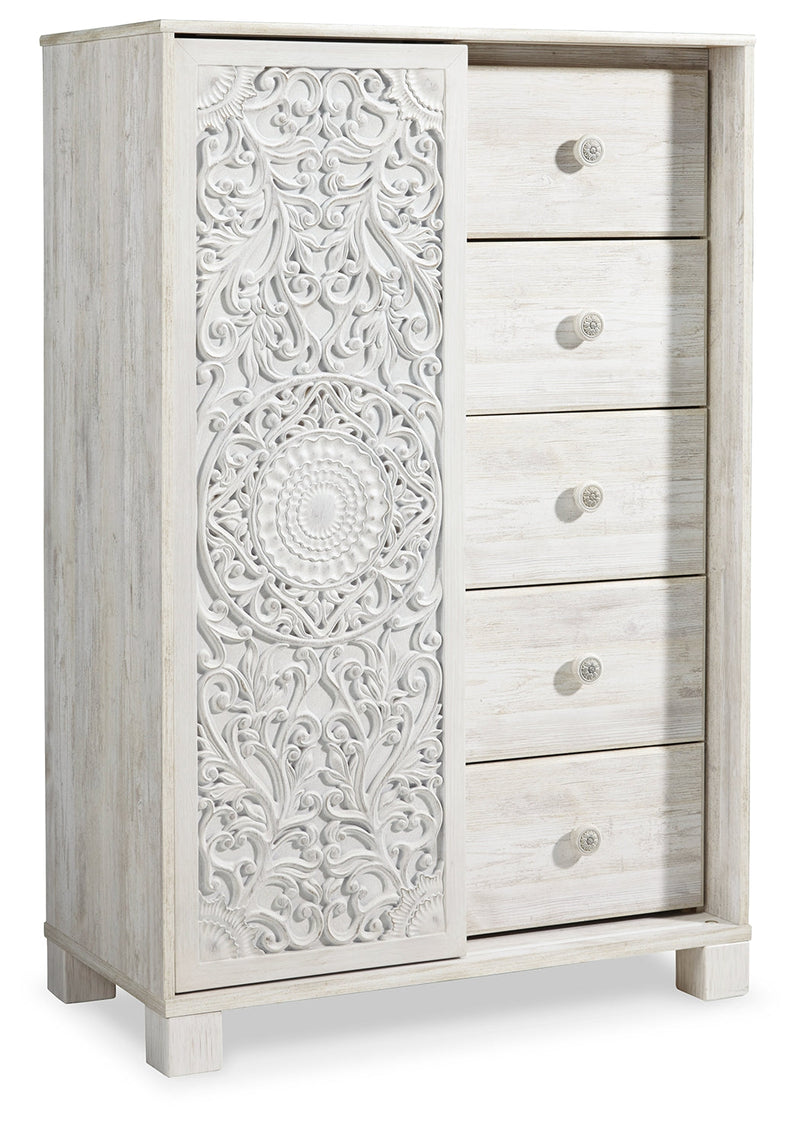 Paxberry Queen Panel Bed with Mirrored Dresser and Chest in Whitewash from Ashley - DMV Furniture