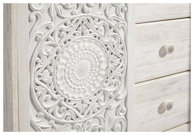 Paxberry Queen Panel Bed with Mirrored Dresser, Chest and 2 Nightstands in Whitewash from Ashley - DMV Furniture