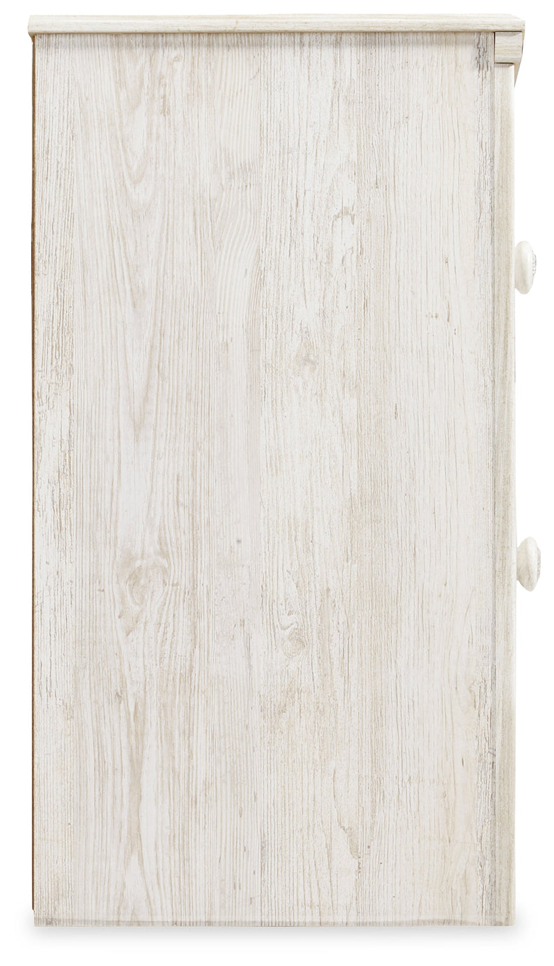 Paxberry Queen Panel Bed with Mirrored Dresser, Chest and 2 Nightstands in Whitewash from Ashley - DMV Furniture