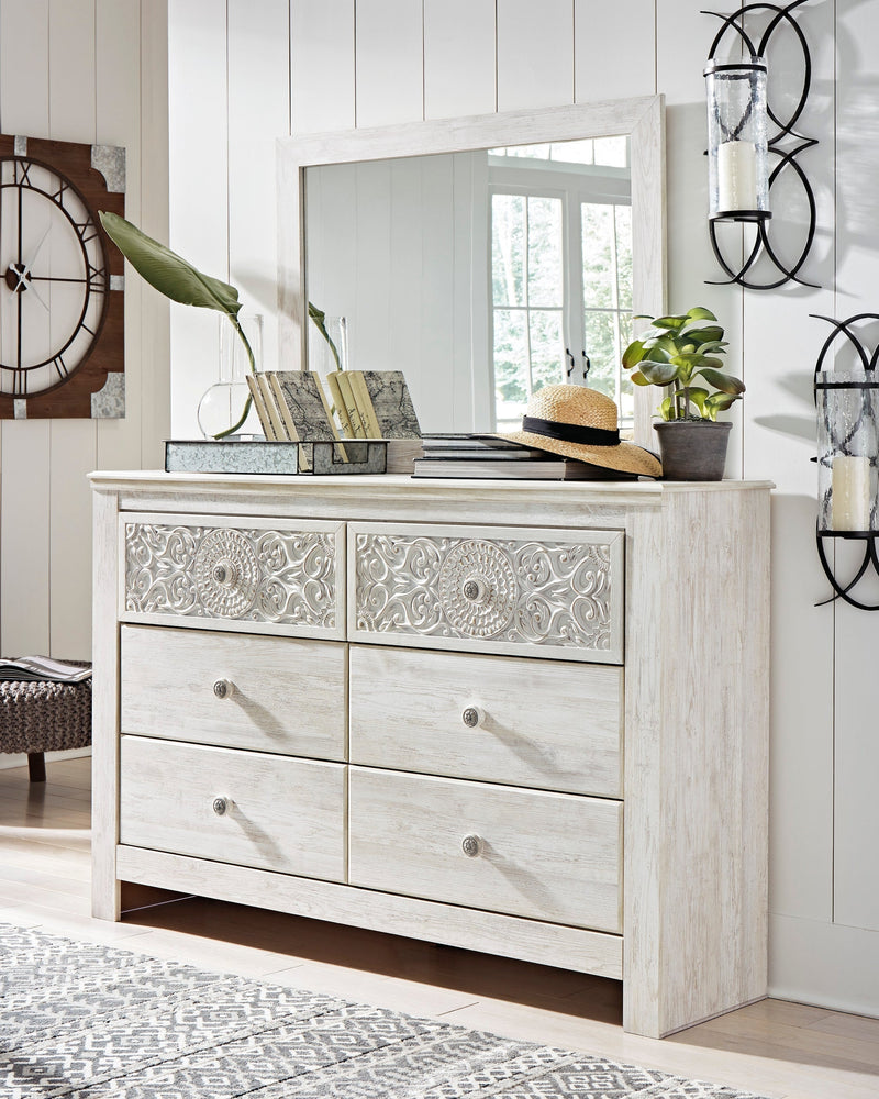 Paxberry Queen Panel Bed with Mirrored Dresser, Chest and 2 Nightstands in Whitewash from Ashley - DMV Furniture