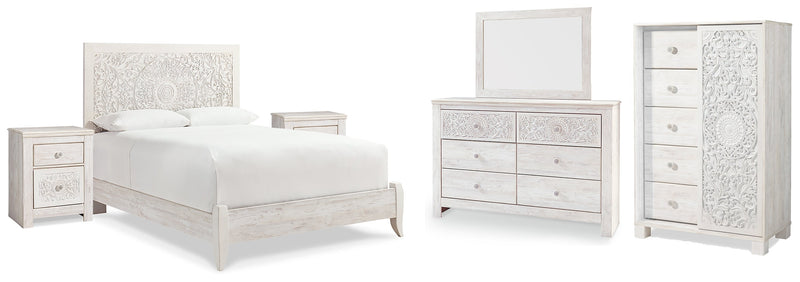 Paxberry Queen Panel Bed with Mirrored Dresser, Chest and 2 Nightstands in Whitewash from Ashley - DMV Furniture