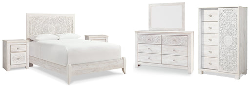 Paxberry Queen Panel Bed with Mirrored Dresser, Chest and 2 Nightstands in Whitewash from Ashley - DMV Furniture