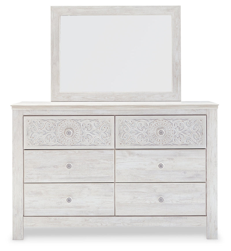 Paxberry Queen Panel Bed with Mirrored Dresser, Chest and 2 Nightstands in Whitewash from Ashley - DMV Furniture