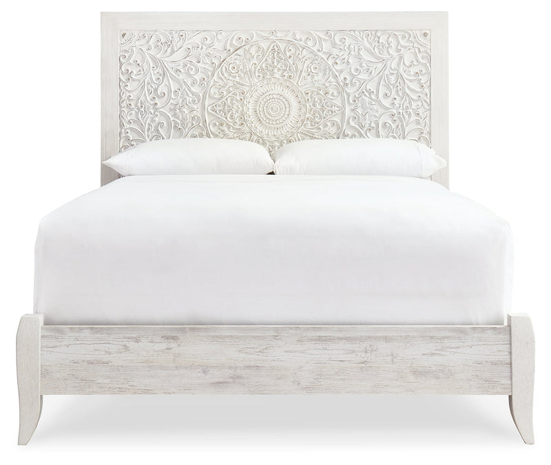 Paxberry Queen Panel Bed with Mirrored Dresser, Chest and 2 Nightstands in Whitewash from Ashley - DMV Furniture