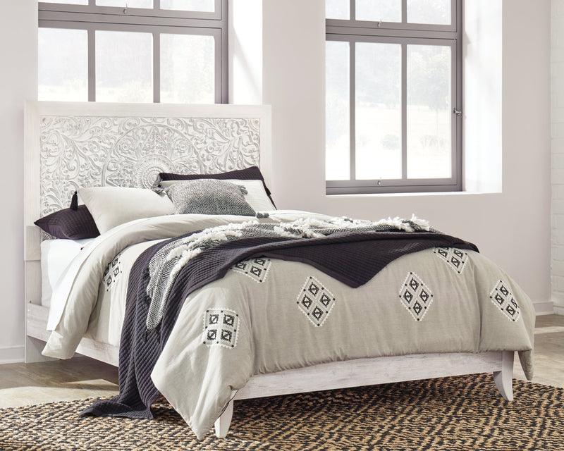 Paxberry Queen Panel Bed with Mirrored Dresser in Whitewash from Ashley - DMV Furniture