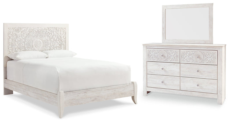 Paxberry Queen Panel Bed with Mirrored Dresser in Whitewash from Ashley - DMV Furniture