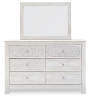Paxberry Queen Panel Bed with Mirrored Dresser in Whitewash from Ashley - DMV Furniture