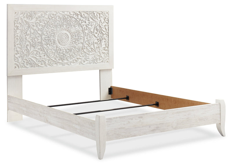 Paxberry Queen Panel Bed with Mirrored Dresser in Whitewash from Ashley - DMV Furniture
