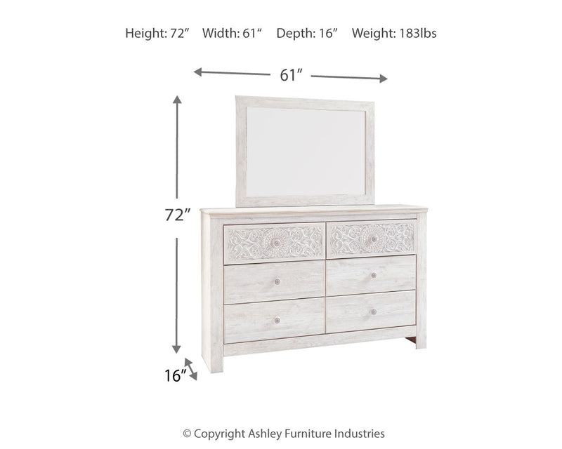 Paxberry Queen Panel Bed with Mirrored Dresser in Whitewash from Ashley - DMV Furniture
