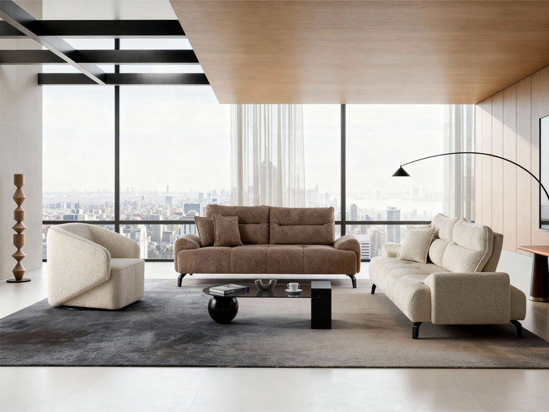 Peonya 4-pieces (2 Sofa & 2 Chair) Livingroom - Without Leg in Cream - Brown - 200-ZEN-PEO-CRE-BRO-3311