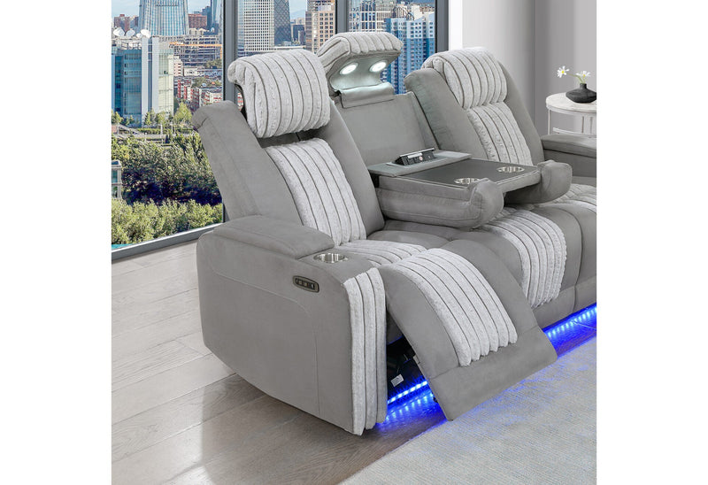 U8000 Grey Pwr Rec Sofa W/Phr, Ddt, Reading Light & Led Light - U8000-GREY-PRS W/ PHR DDT WC + LED