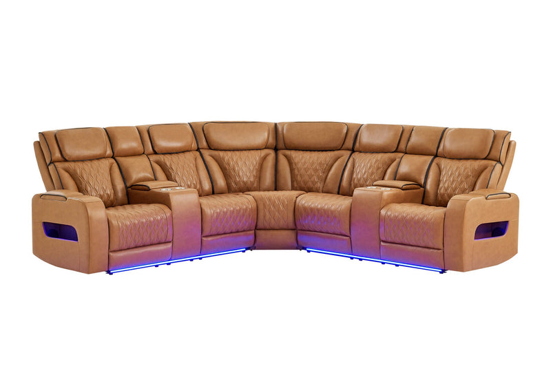 U8611 Camel Sectional With Power Headrest, Continuous Led And Speaker - U8611-CAMEL-SECTIONAL W/ PHR LED SPKR