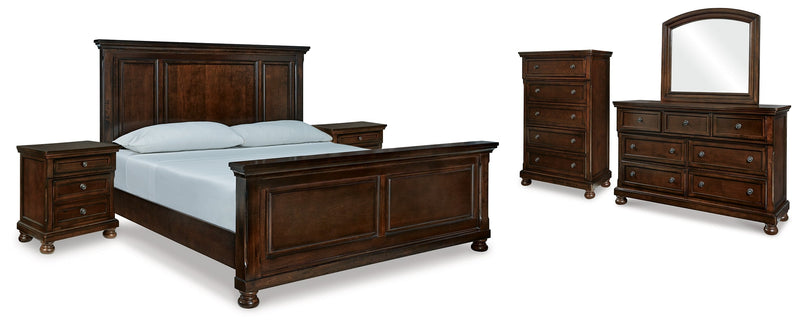 Porter California King Panel Bed with Mirrored Dresser, Chest and 2 Nightstands in Rustic Brown from Ashley - DMV Furniture