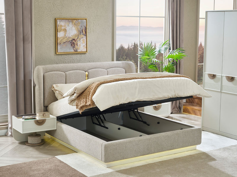 Prag Max Bedroom (Queen Frame With Headboard & Dresser With Mirror & Ottoman & 2 Nightstand) - 200-MAX-PRA-150-QB-SET