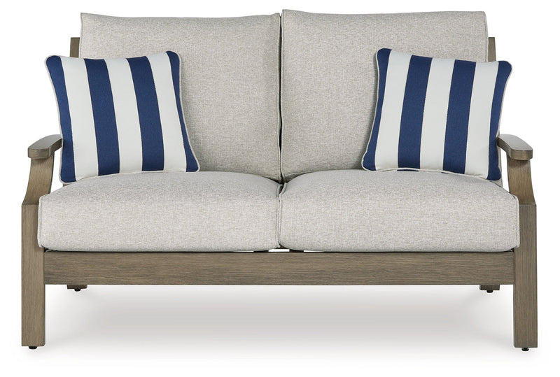 Rainier Ranch Outdoor Loveseat and 2 Chairs with Coffee Table in Brown/Beige from Ashley - DMV Furniture