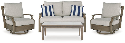 Rainier Ranch Outdoor Loveseat and 2 Chairs with Coffee Table in Brown/Beige from Ashley - DMV Furniture