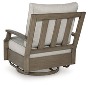 Rainier Ranch Outdoor Loveseat and 2 Chairs with Coffee Table in Brown/Beige from Ashley - DMV Furniture