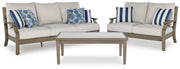 Rainier Ranch Outdoor Sofa and Loveseat with Coffee Table in Brown/Beige from Ashley - DMV Furniture