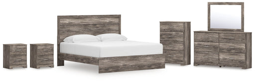 Ralinksi King Panel Bed with Mirrored Dresser, Chest and 2 Nightstands in Gray from Ashley - DMV Furniture