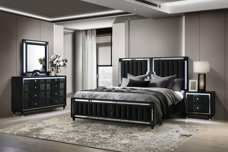 Ravenne 4-piece Velvet Upholstered California King LED Bedroom Set Black - 223191KW-S4