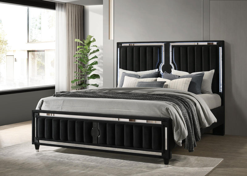 Ravenne Velvet Upholstered California King LED Panel Bed Black - 223191KW