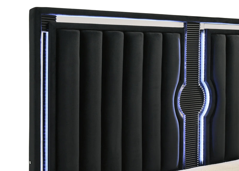 Ravenne Velvet Upholstered Eastern King LED Panel Bed Black - 223191KE