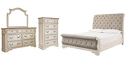 Realyn California King Sleigh Bed with Mirrored Dresser and Chest in Chipped White - PKG006652