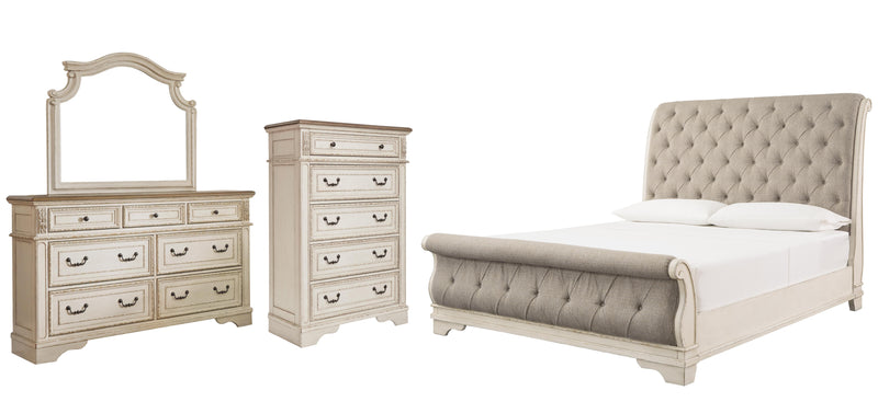 Realyn California King Sleigh Bed with Mirrored Dresser and Chest in Chipped White - PKG006652