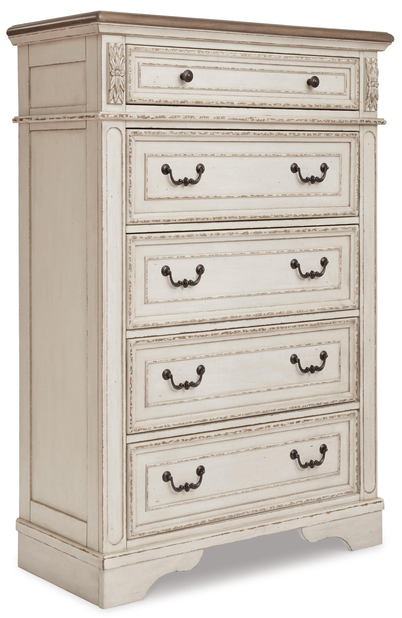 Realyn California King Sleigh Bed with Mirrored Dresser, Chest and 2 Nightstands in Chipped White - PKG006654
