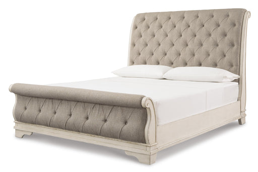 Realyn California King Sleigh Bed with Mirrored Dresser, Chest and Nightstand in Chipped White - PKG006653