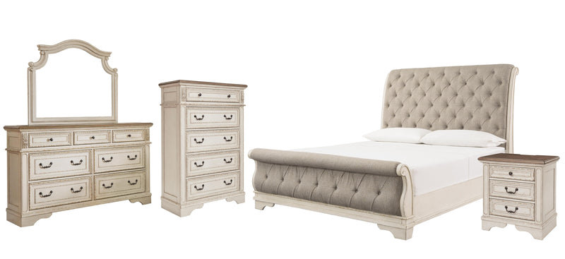 Realyn California King Sleigh Bed with Mirrored Dresser, Chest and Nightstand in Chipped White - PKG006653